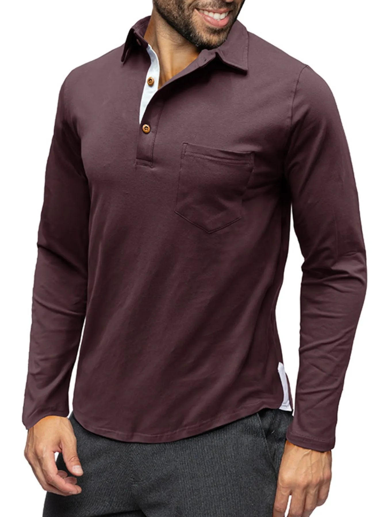 Men's burgundy long-sleeve polo shirt with button placket and chest pocket