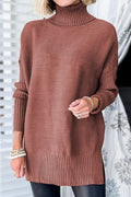 Brick red ribbed turtleneck dropped-shoulder sweater, long sleeves with hem ribbing