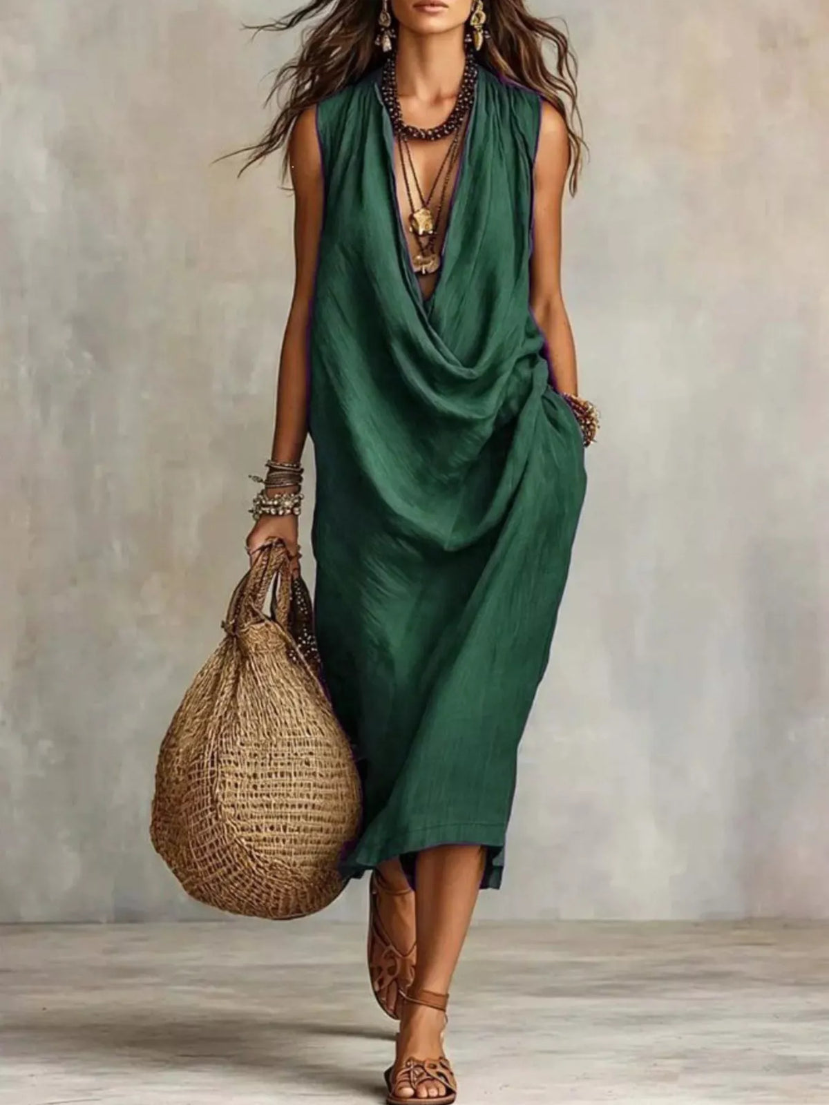 Green cowl-neck sleeveless midi dress with draped, gathered front
