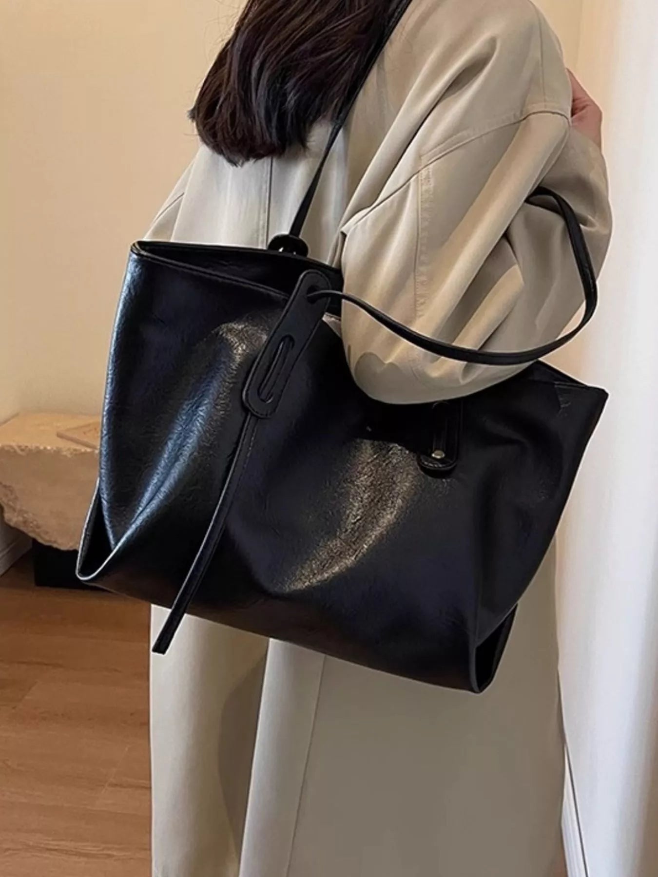 PU Leather Shoulder Bag, black large tote with long strap