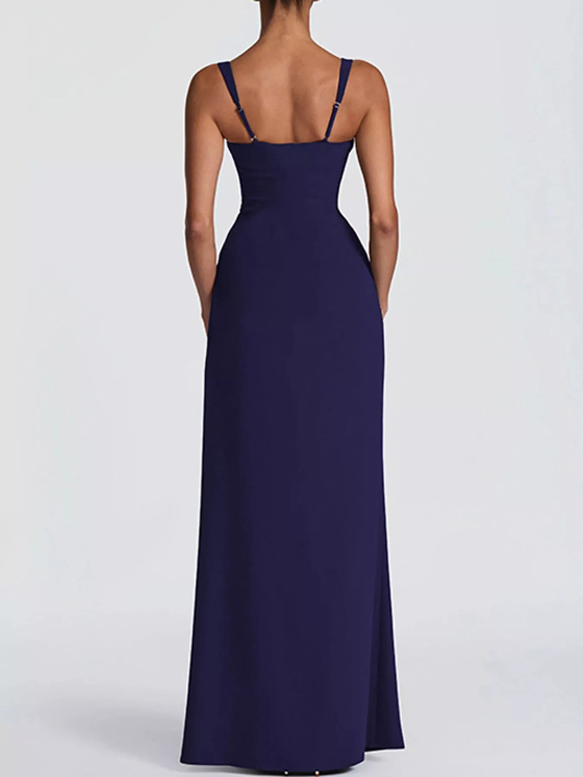 Back view of ruched evening maxi dress with narrow straps, deep navy