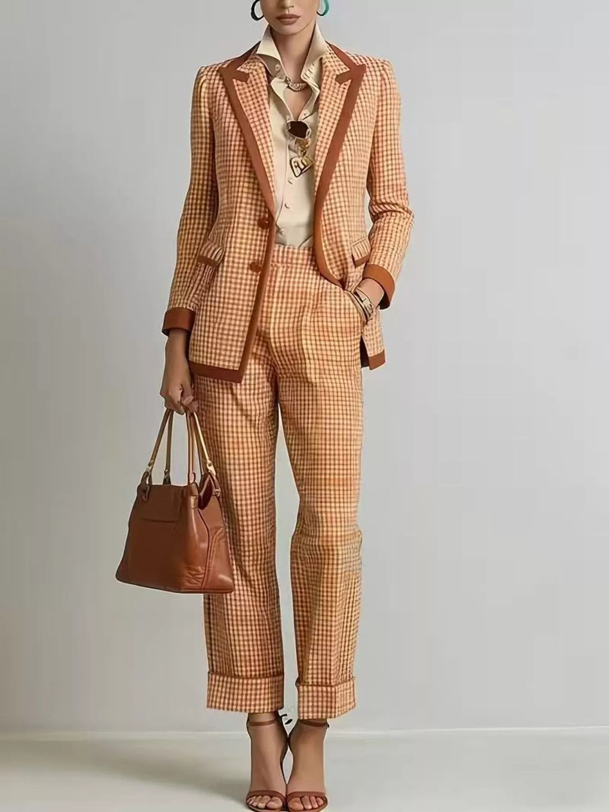 Plaid blazer and pants suit set with orange-brown check pattern and structured button jacket