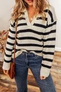 Striped collared knit sweater with long sleeves, cream and black horizontal stripes