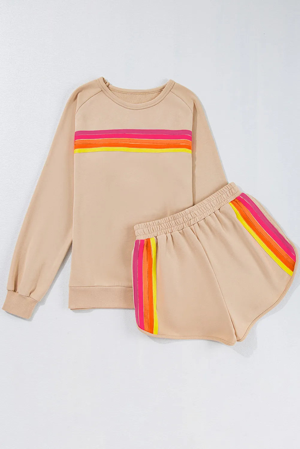 Round-neck top and shorts set in tan with rainbow contrast stripes