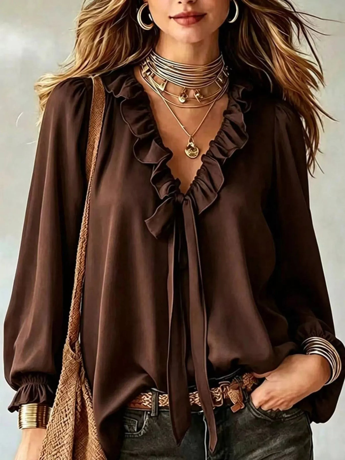 Dark brown ruffle V-neck front-tie blouse with long puff sleeves and buttonless front