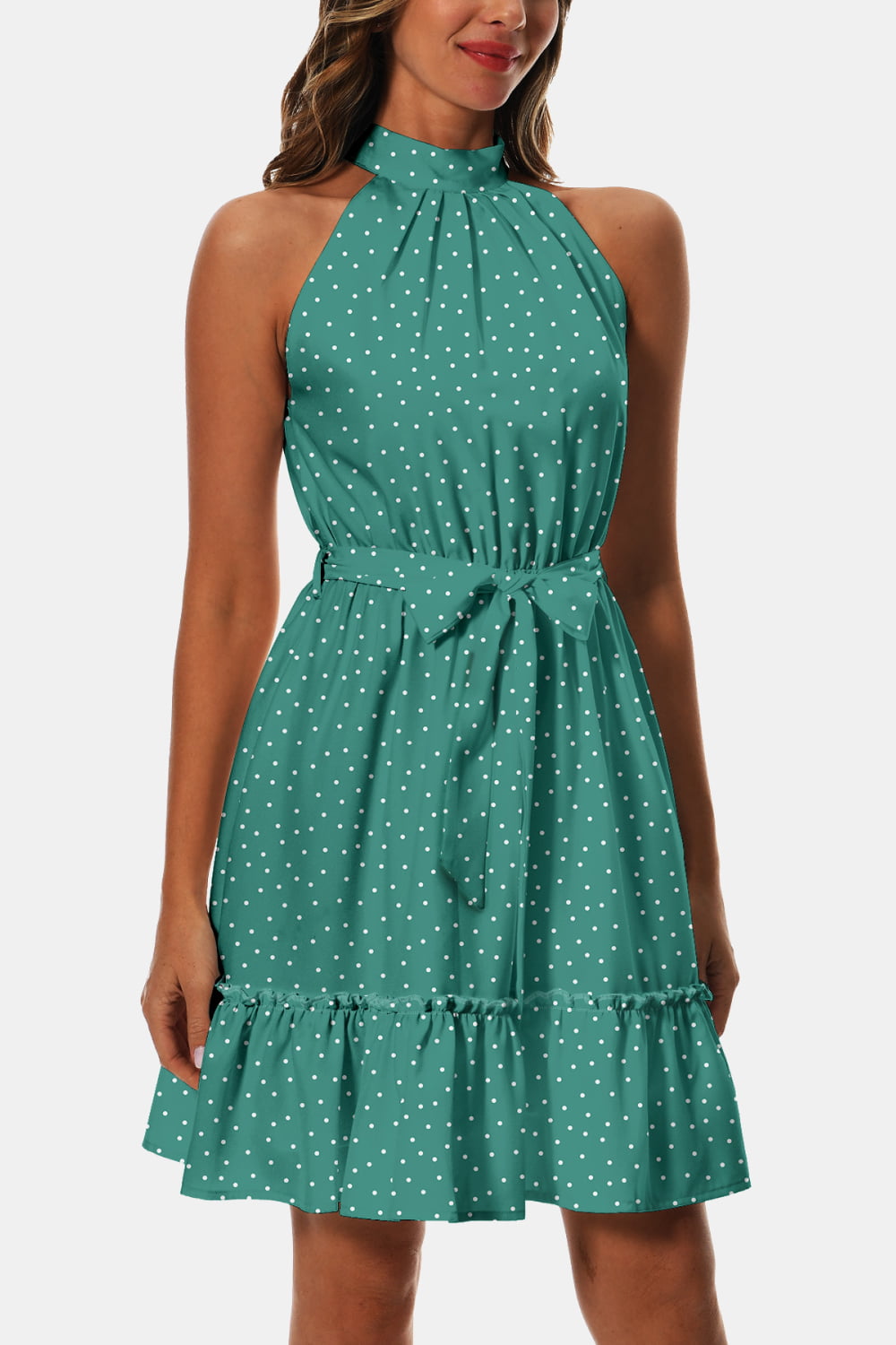 Turquoise dotted halter tie-waist frill-trim dress, cinched waist and ruffles