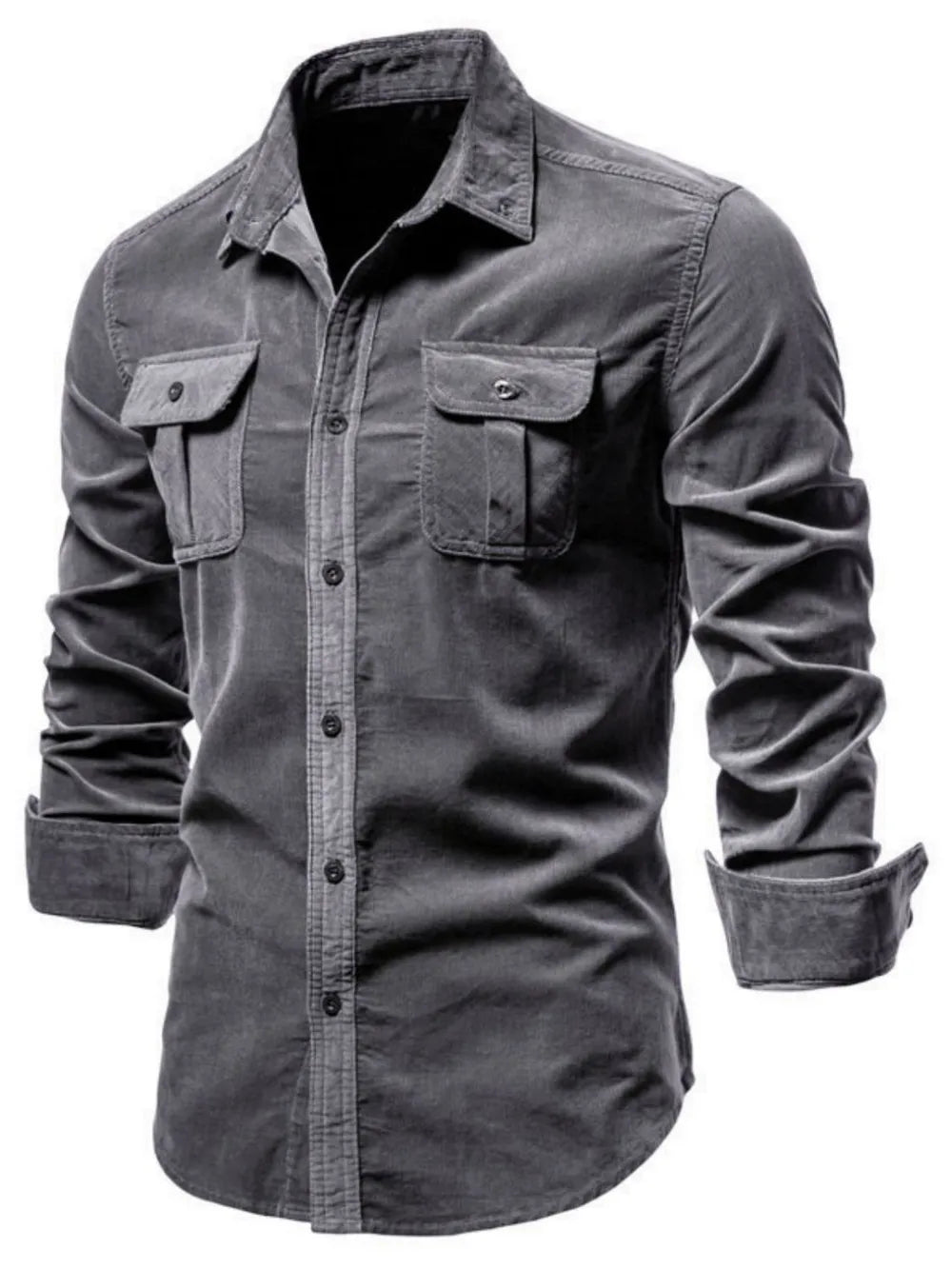 Men's dark gray button-down collared shirt with two flap chest pockets and long sleeves