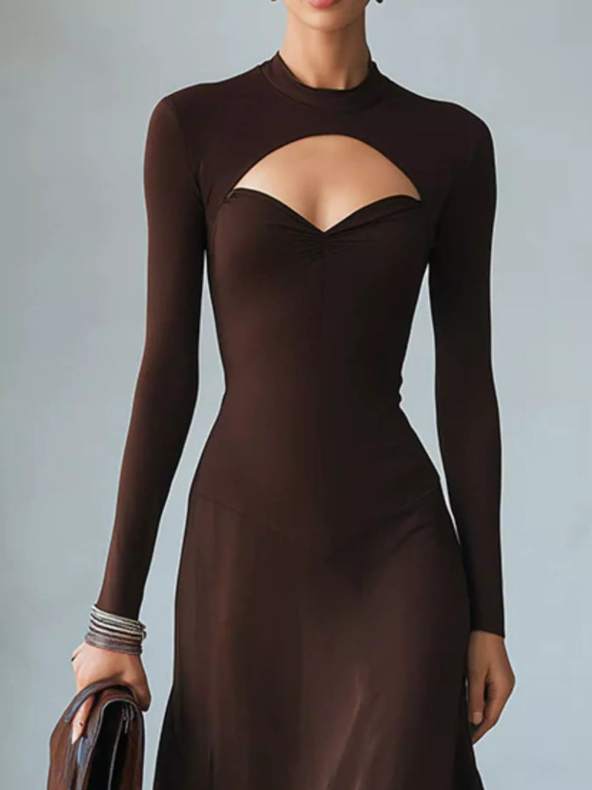 Mock neck cutout long-sleeve midi dress, dark brown fitted bodice and flared skirt
