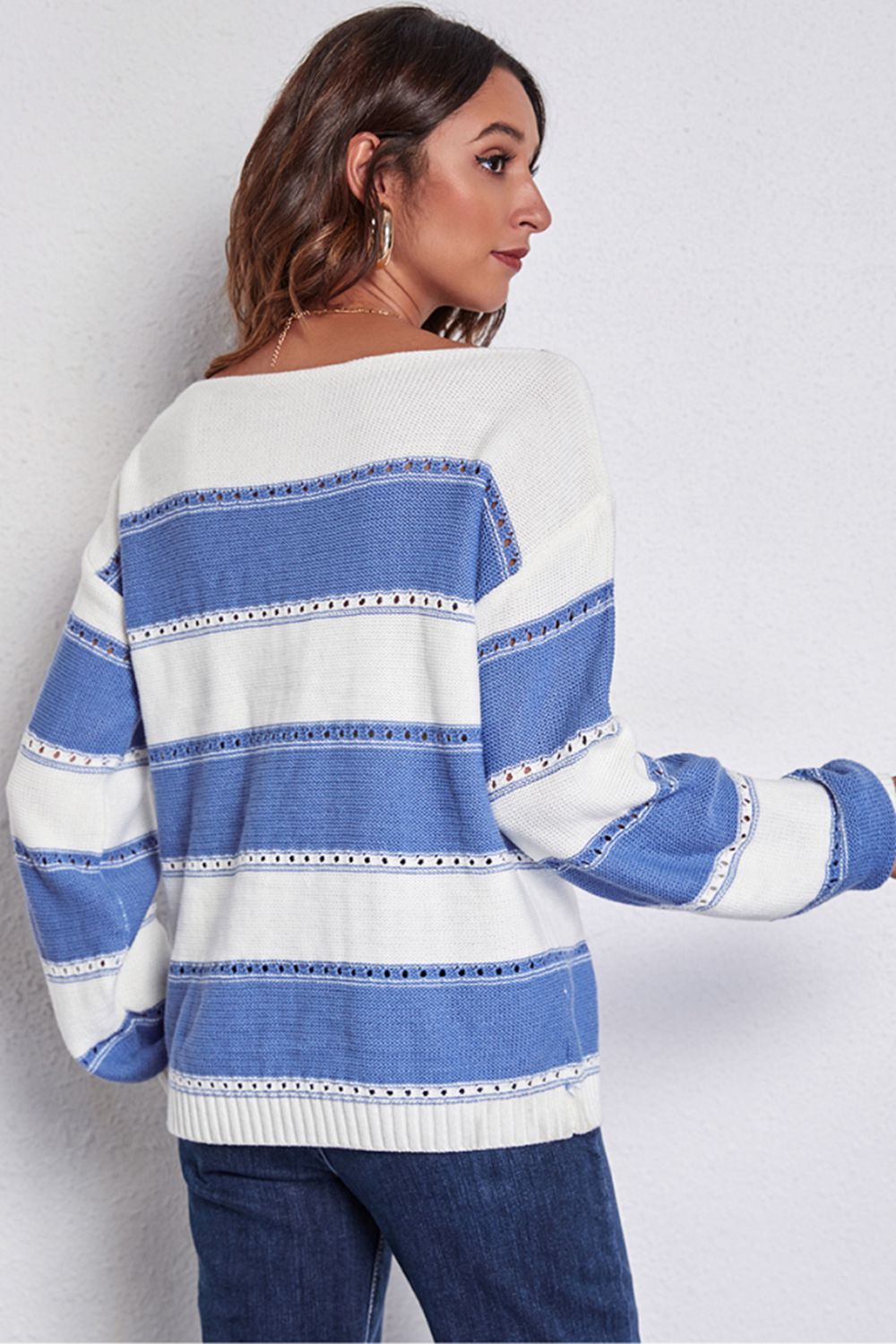 Striped dropped-shoulder sweater, boat neck, off-white and blue stripes, back view