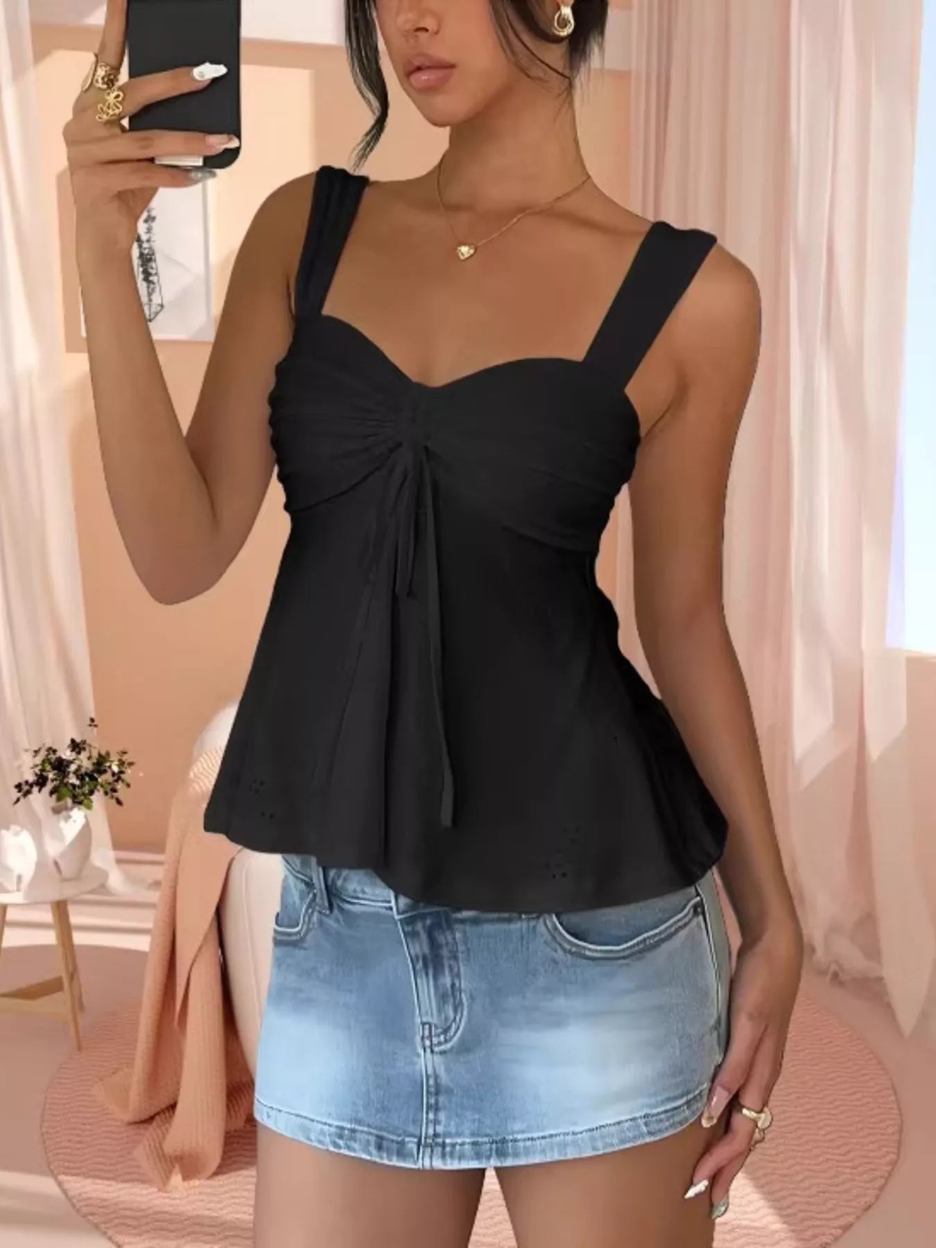 Cedar & Moore Eyelet Embroidered Drawstring Cami Top in black