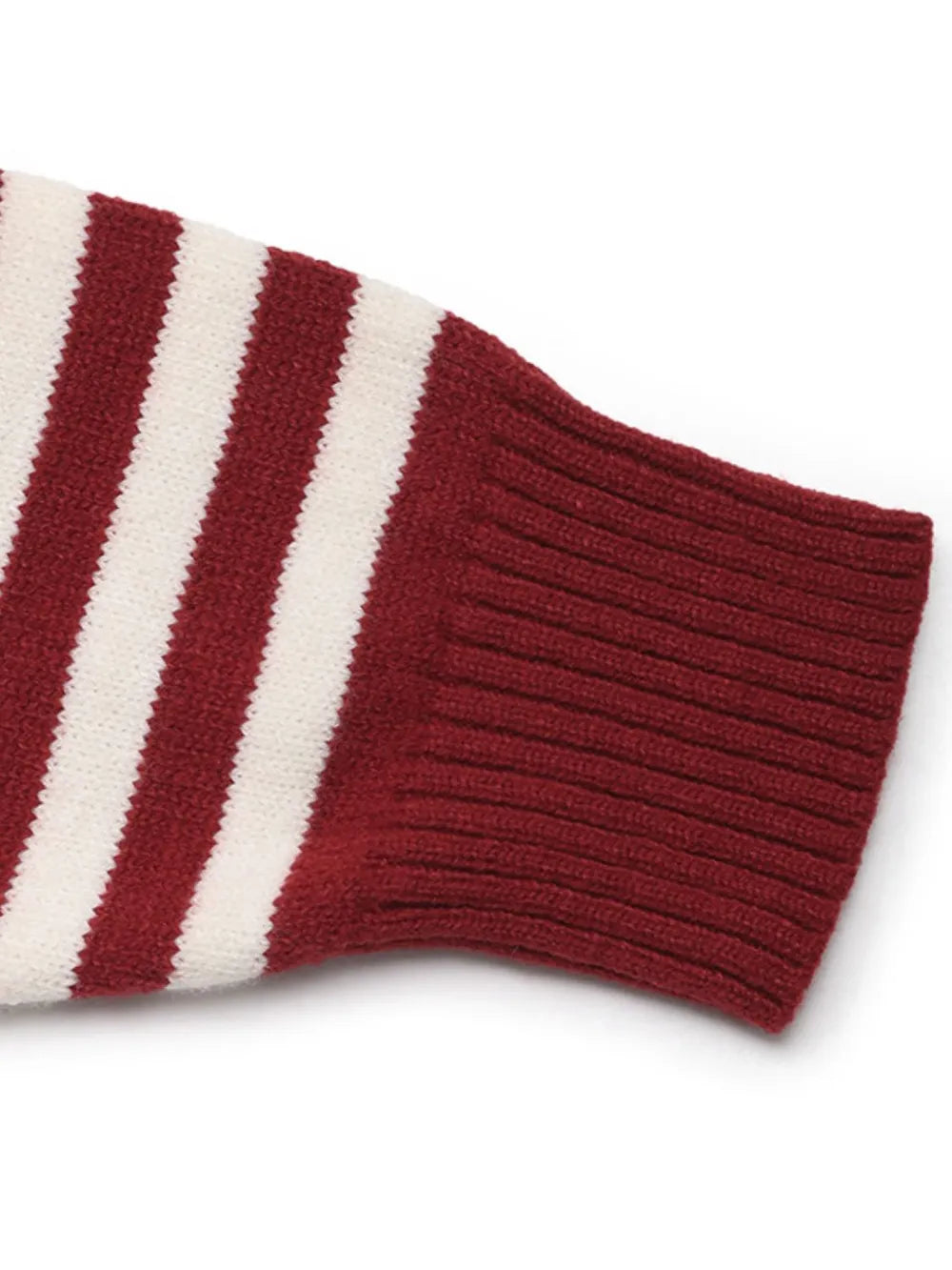 Ribbed knit sleeve cuff in burgundy and white striped long sleeve sweater