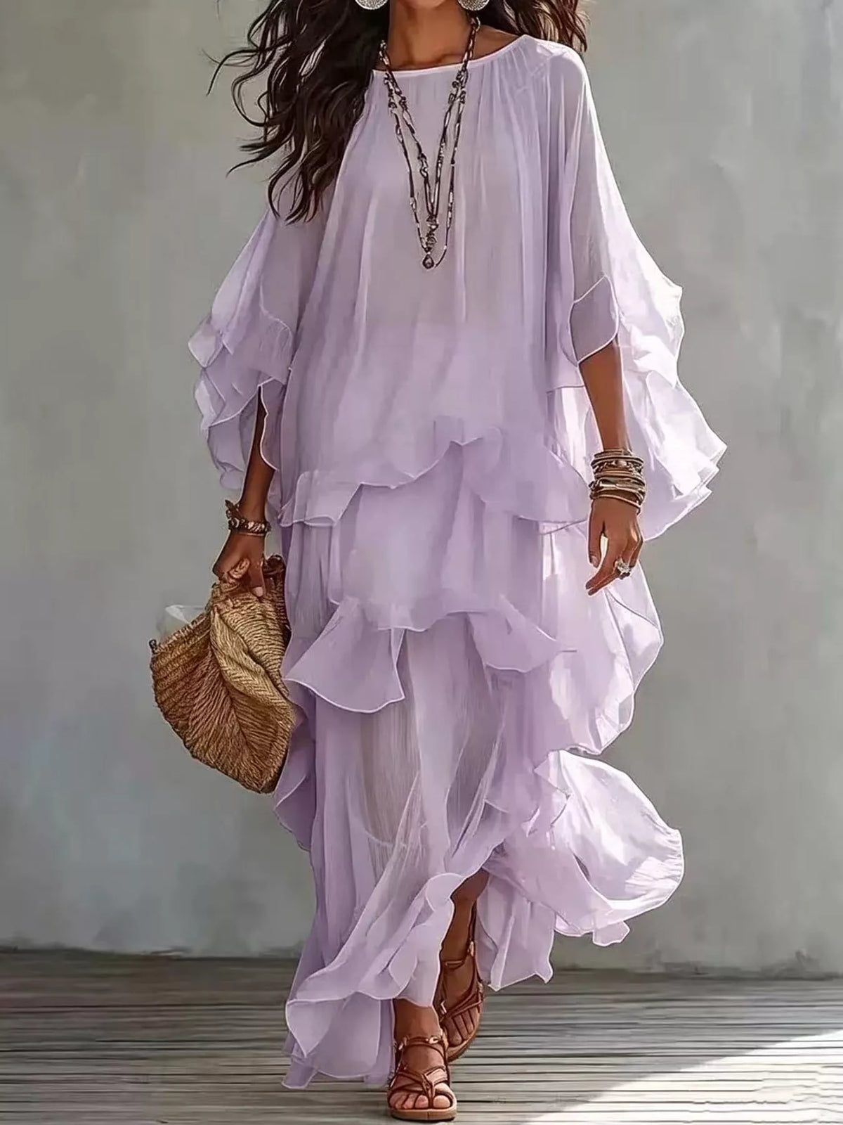 Light purple layered maxi dress with cascading ruffled tiers and sheer flutter sleeves