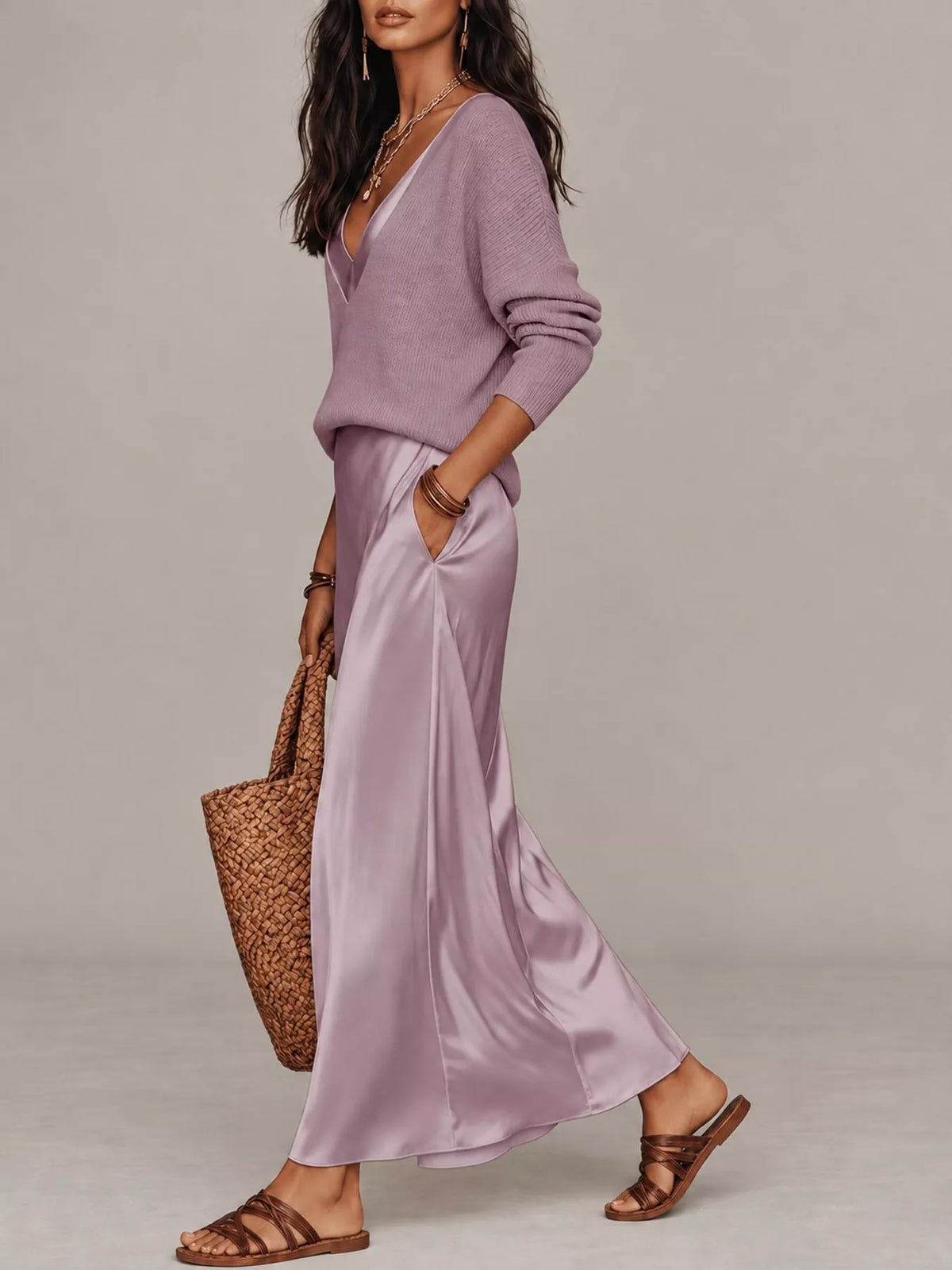 Mauve ribbed V-neck top and satin midi skirt two-piece set, three-quarter sleeves
