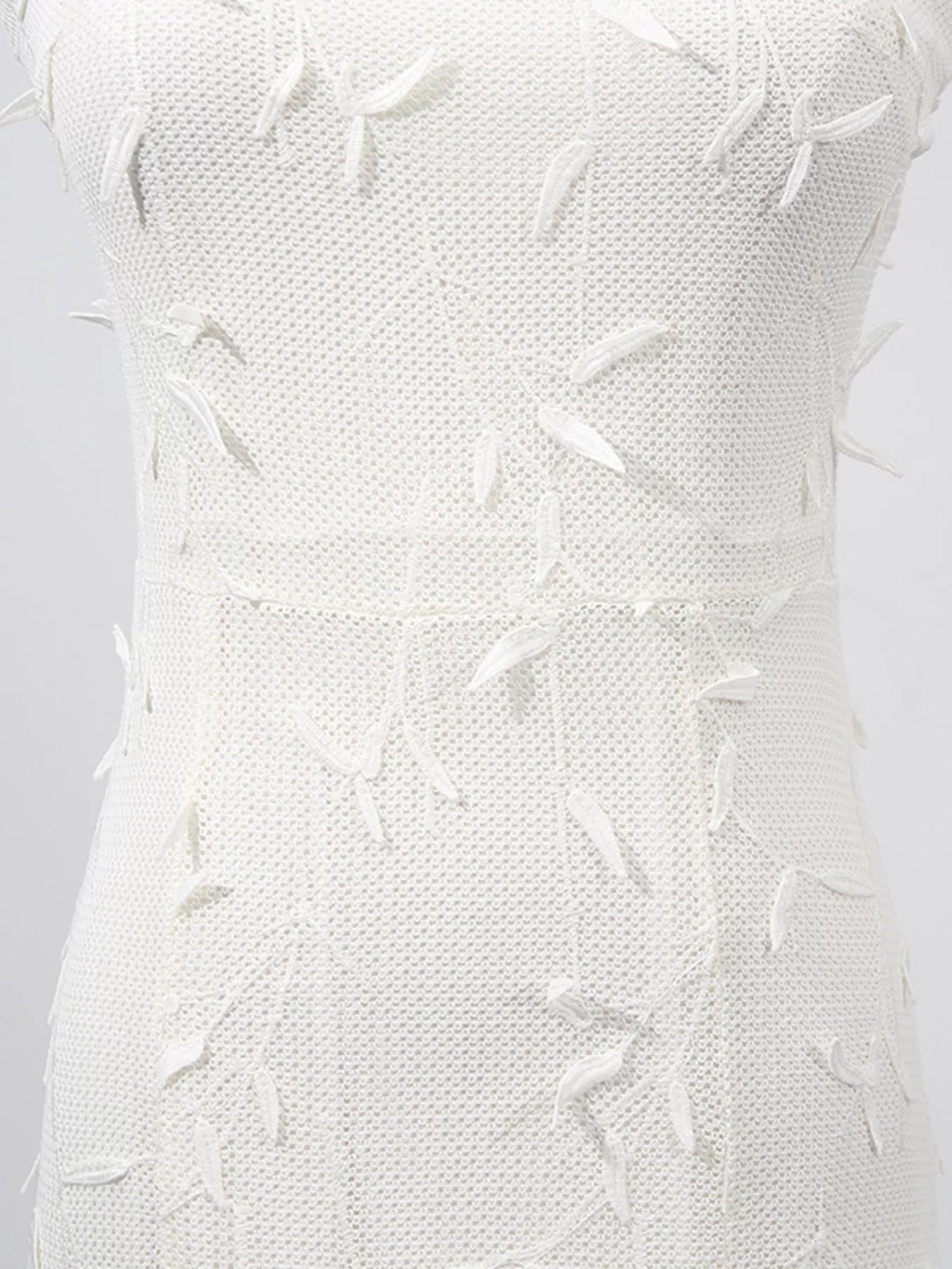Cedar & Moore Sleeveless floral applique midi dress in white knit fabric with 3D leaf accents