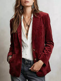 Burgundy suede slim-fit long-sleeve blazer with lapel, flap pockets, button front