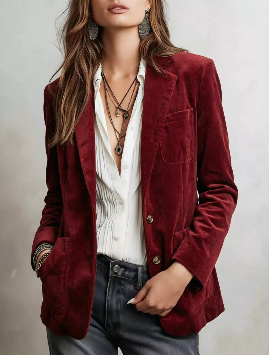 Burgundy suede slim-fit long-sleeve blazer with lapel, flap pockets, button front