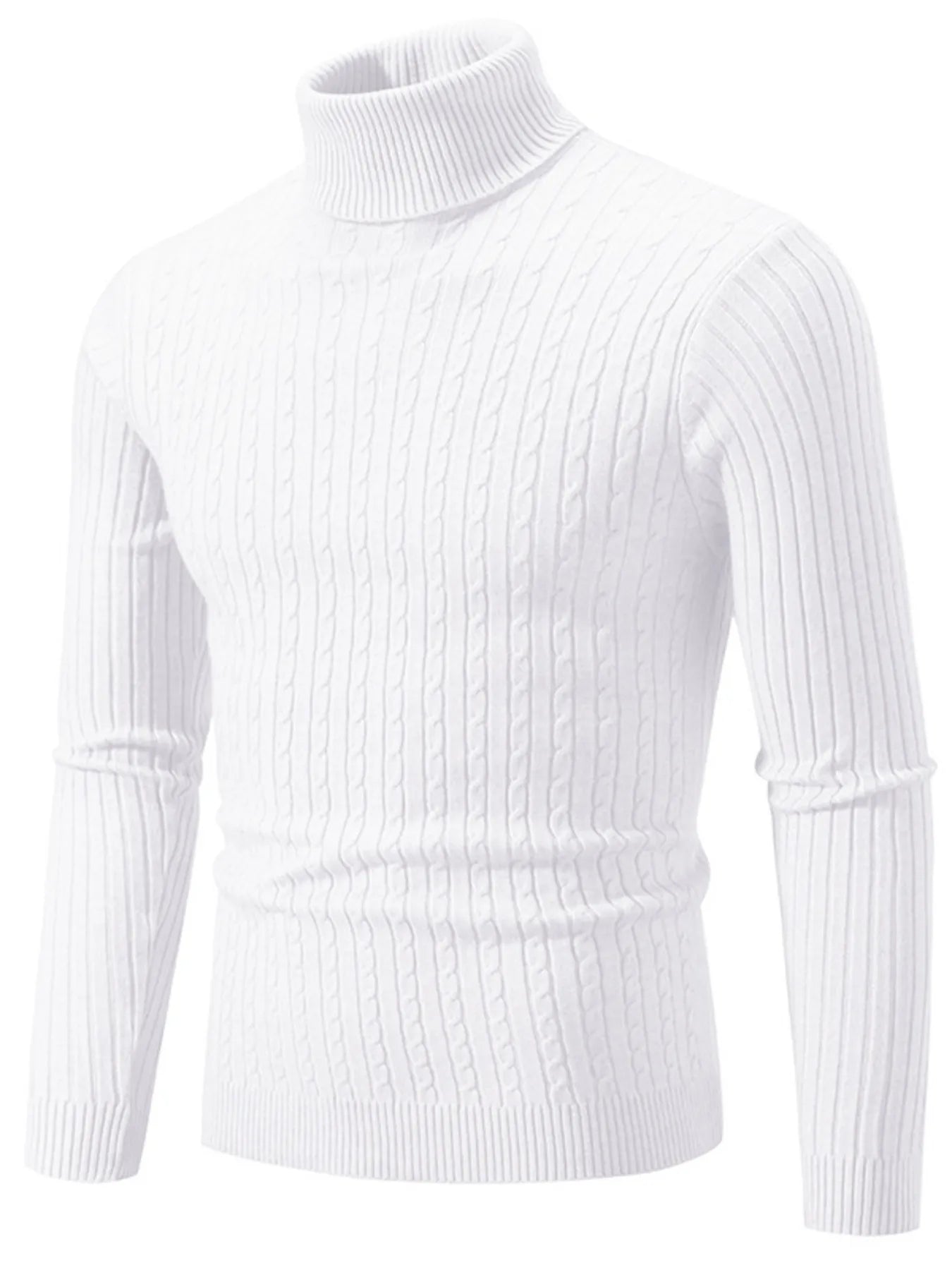 Men's plus size ribbed turtleneck sweater in white, long sleeves, snug ribbed knit.