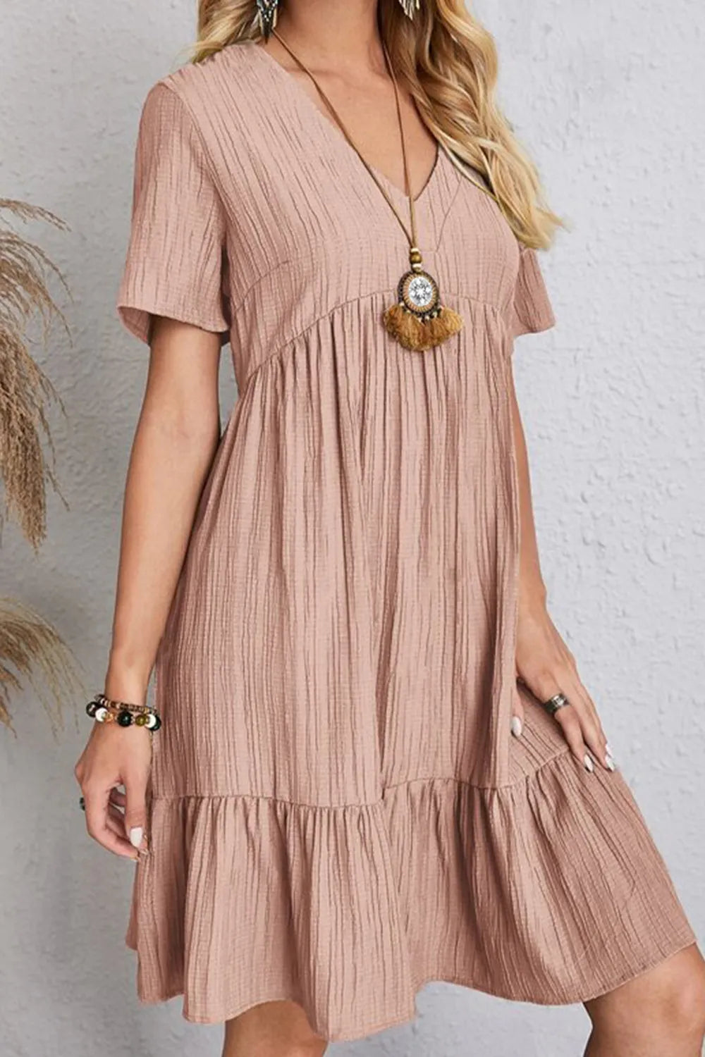 Dusty pink ruched V-neck short-sleeve tiered dress with gathered waist