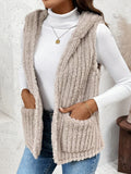 Fuzzy hooded vest with front pockets, sleeveless, dusty beige textured knit