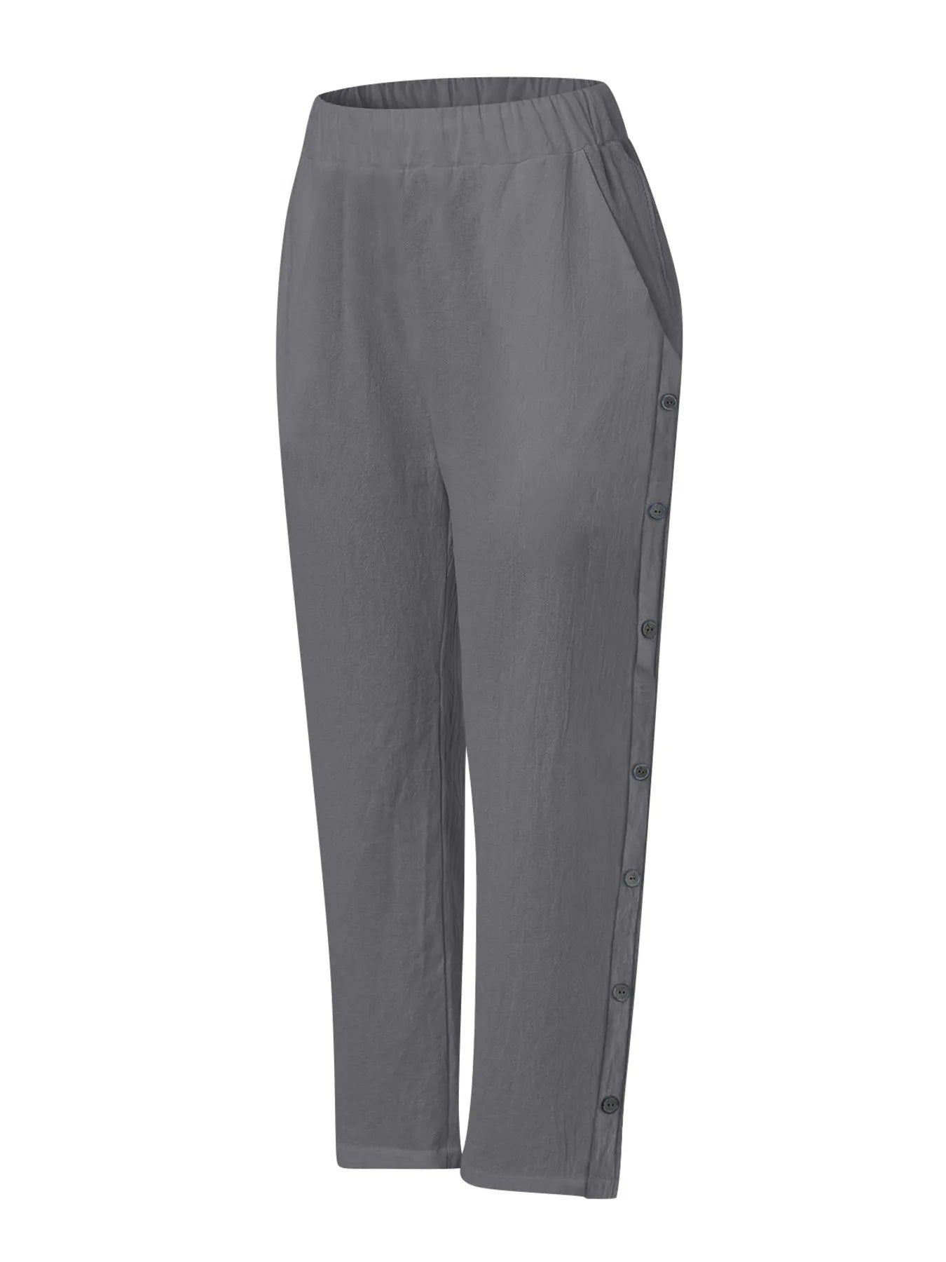 Dark gray casual wide-leg pants with side button placket and elastic waist