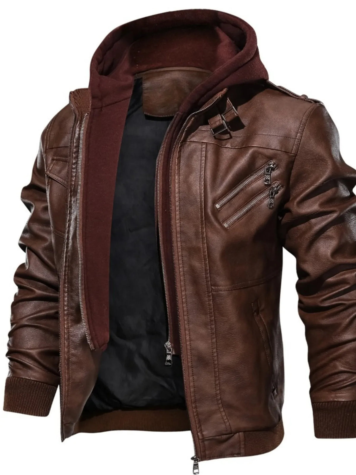 Men's brown vegan leather hooded motorcycle jacket with front zipper, zip pocket and hood