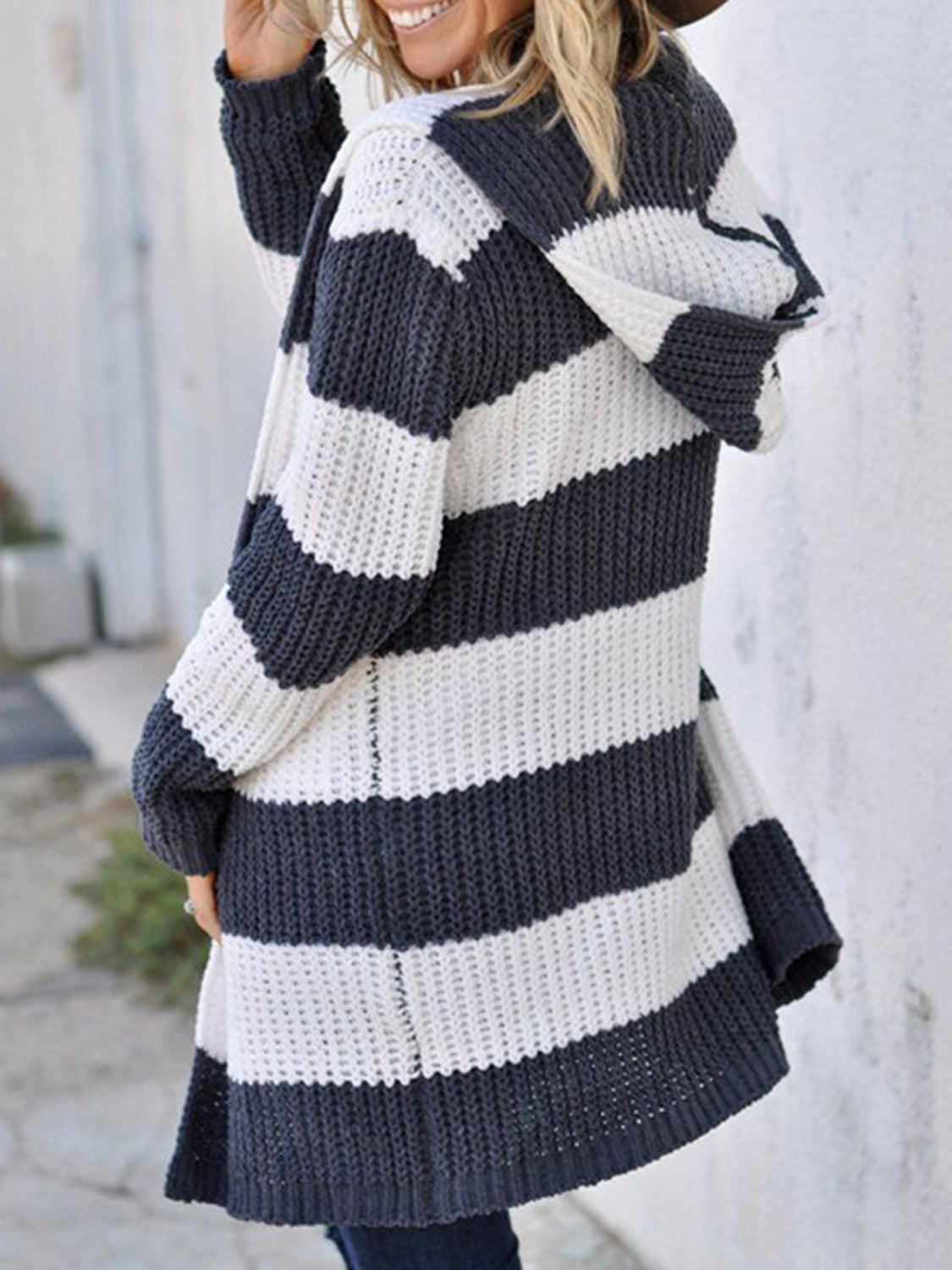 Striped hooded open-front cardigan in navy and white with chunky knit long sleeves