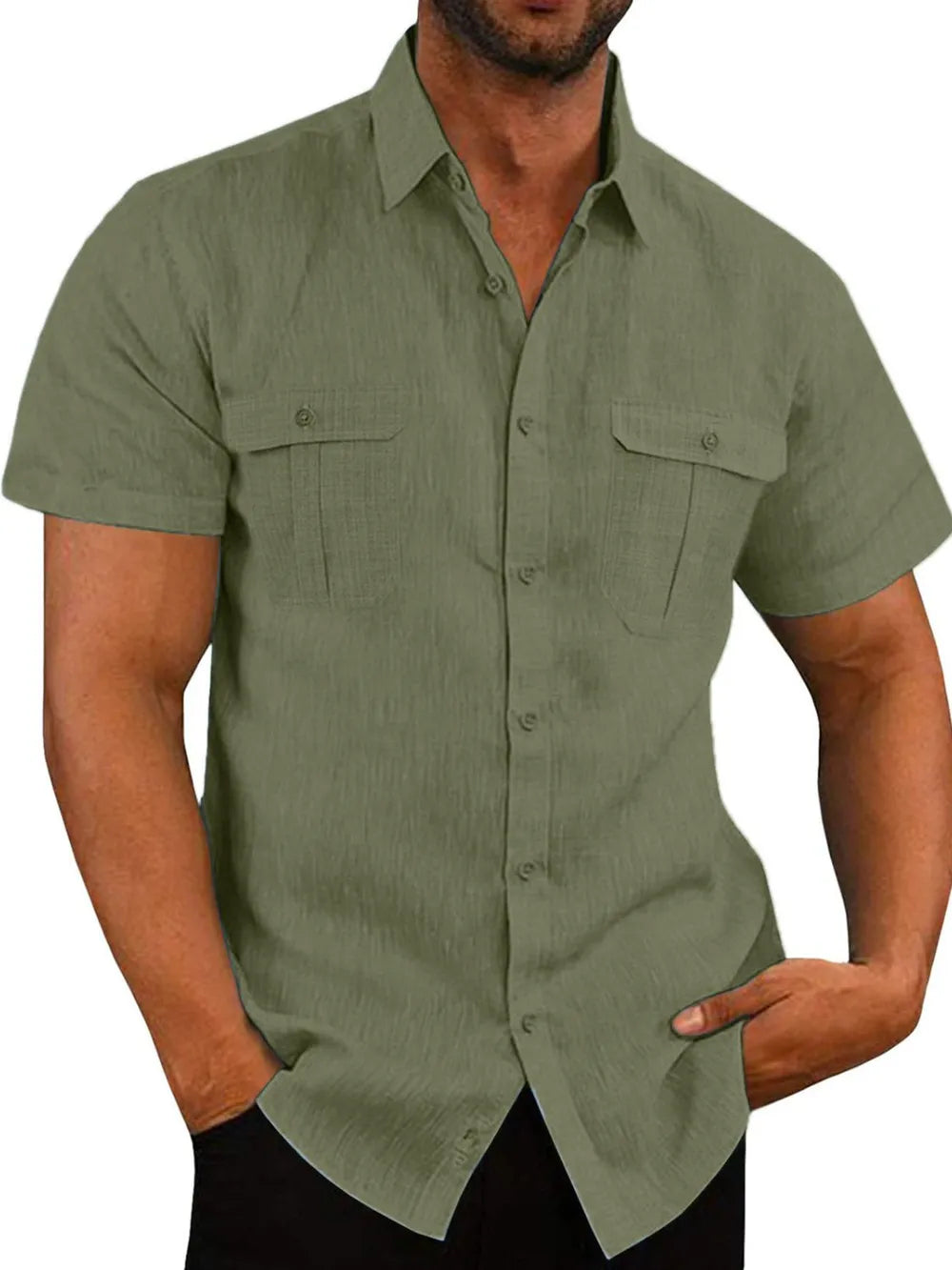 Moss green men's short-sleeve collared button-up shirt with chest pockets