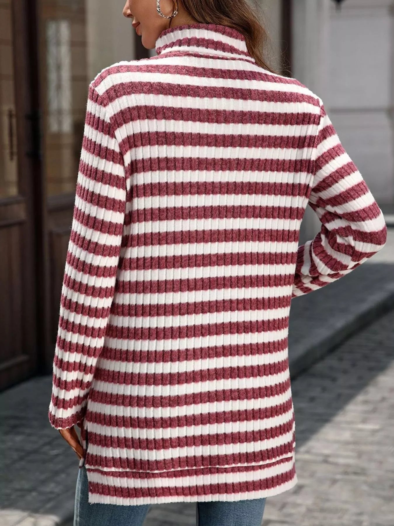 Striped turtleneck long sleeve knit top in white and burgundy, back view