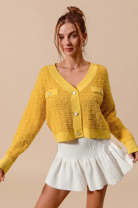 Mustard yellow V-neck knit cardigan, long sleeves, button front, cropped fit