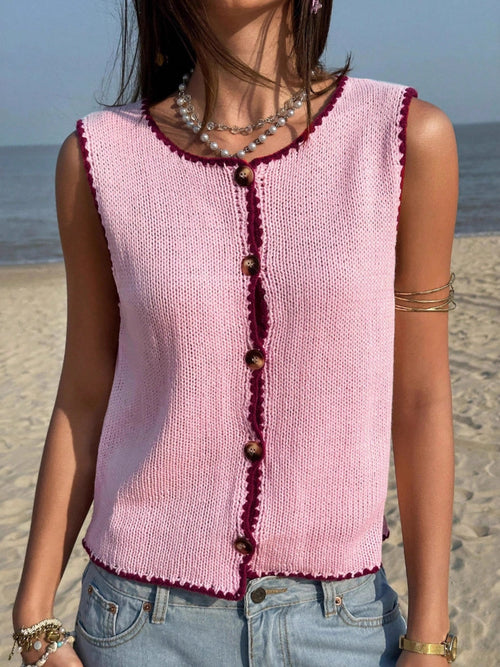 Pink button-down sweater vest with vertical button placket and ribbed trim