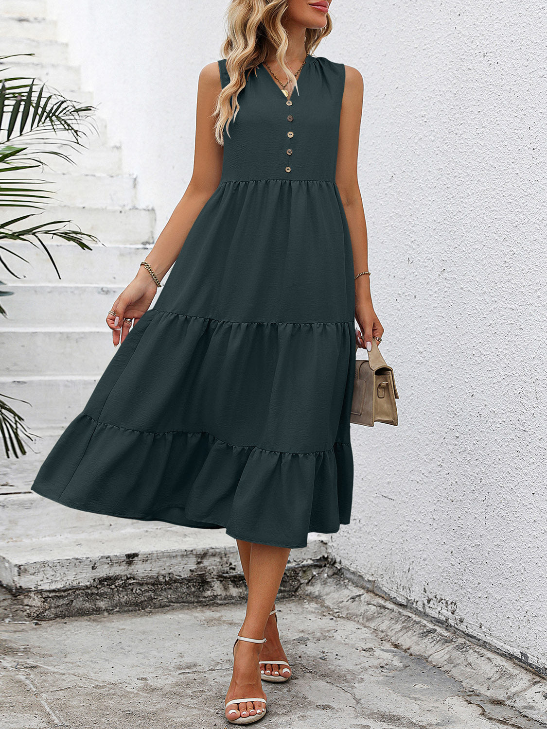 V-neck sleeveless tiered dress, dark green, layered tiers and sleeveless V-neck