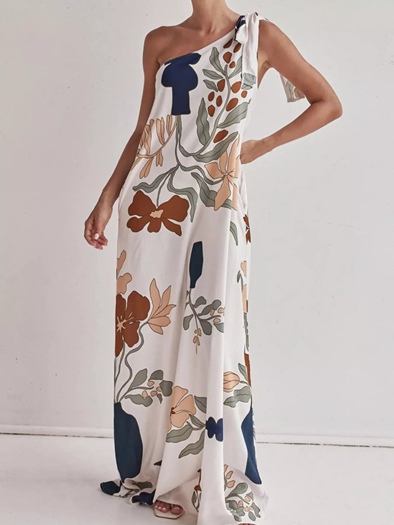 Cedar & Moore Bohemian Floral Print One-Shoulder Maxi Dress, white base with navy and peach floral pattern