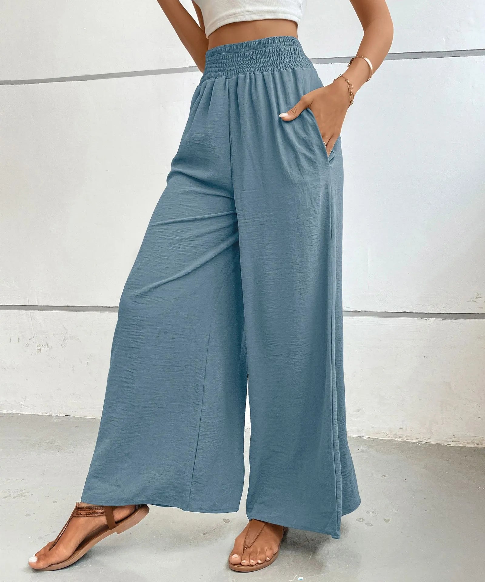 High-waisted wide-leg pants, dusty blue, smocked elastic waistband and wide, straight fall