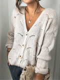 Beige openwork button-up cardigan with V-neck and long sleeves, knit eyelet pattern.