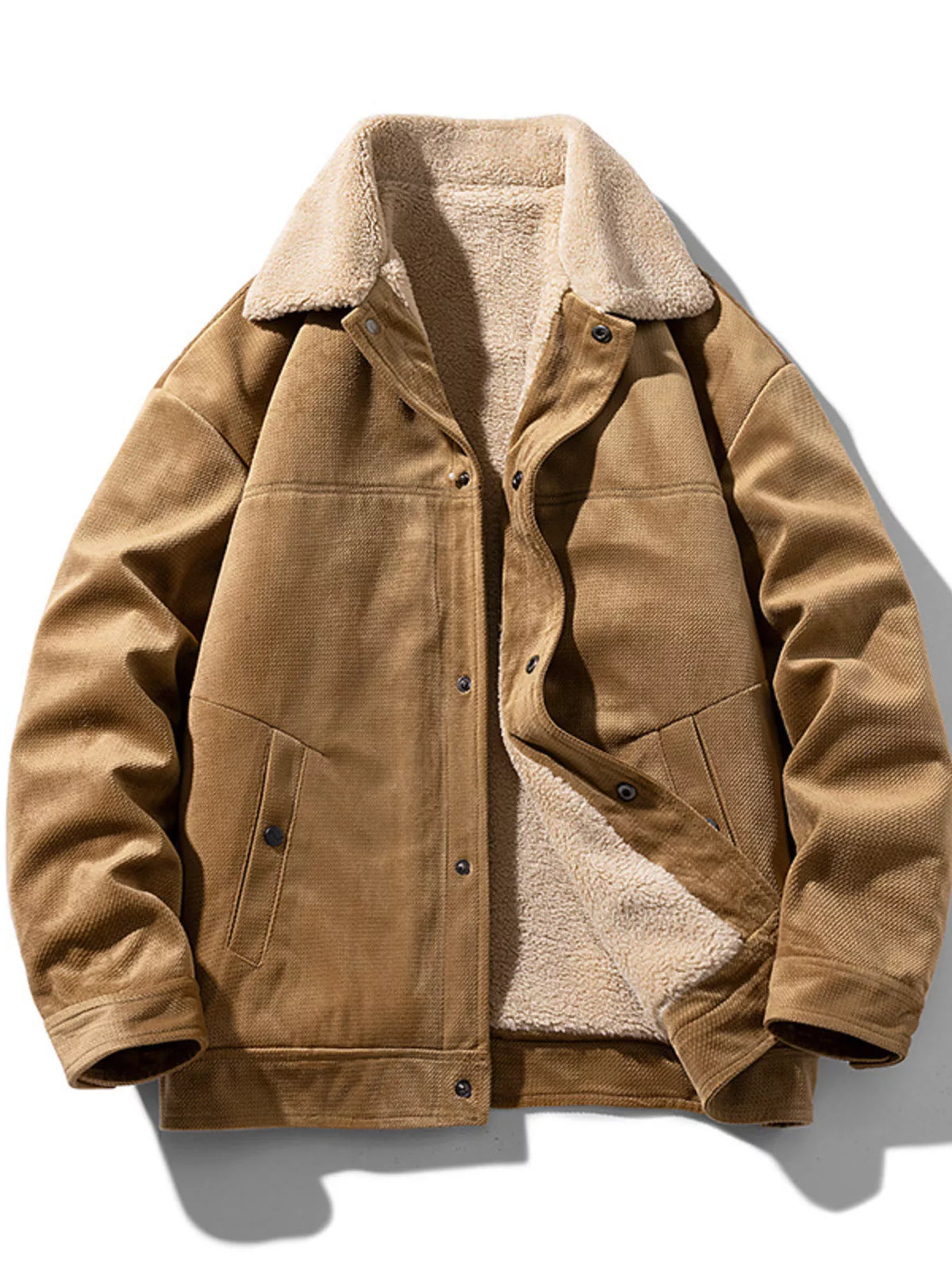 Men's caramel sherpa winter coat with button front and sherpa-lined pockets