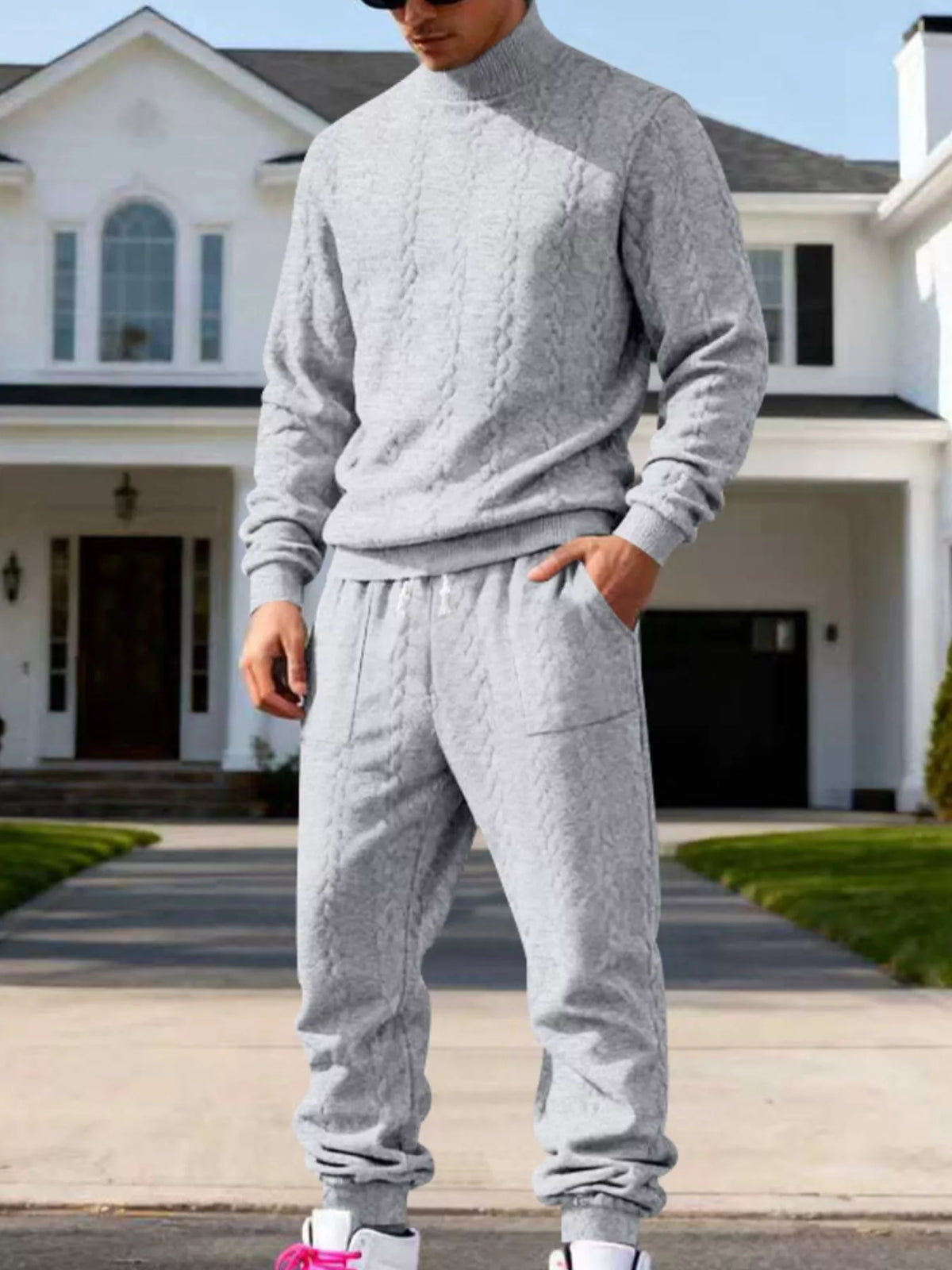 Men's light gray cable-knit mock neck sweater and jogger set, front view