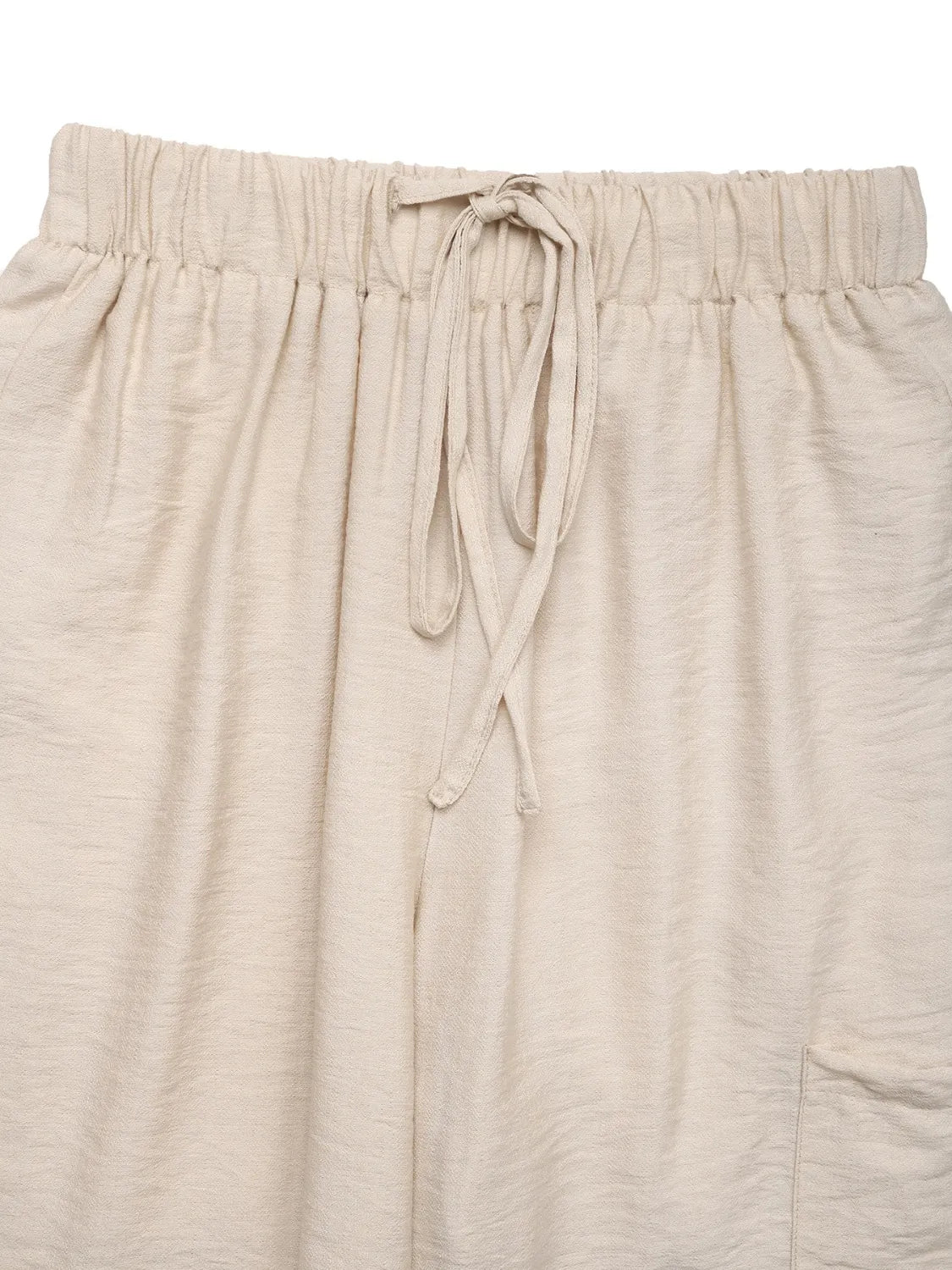 Cream elastic drawstring waistband with tied center front