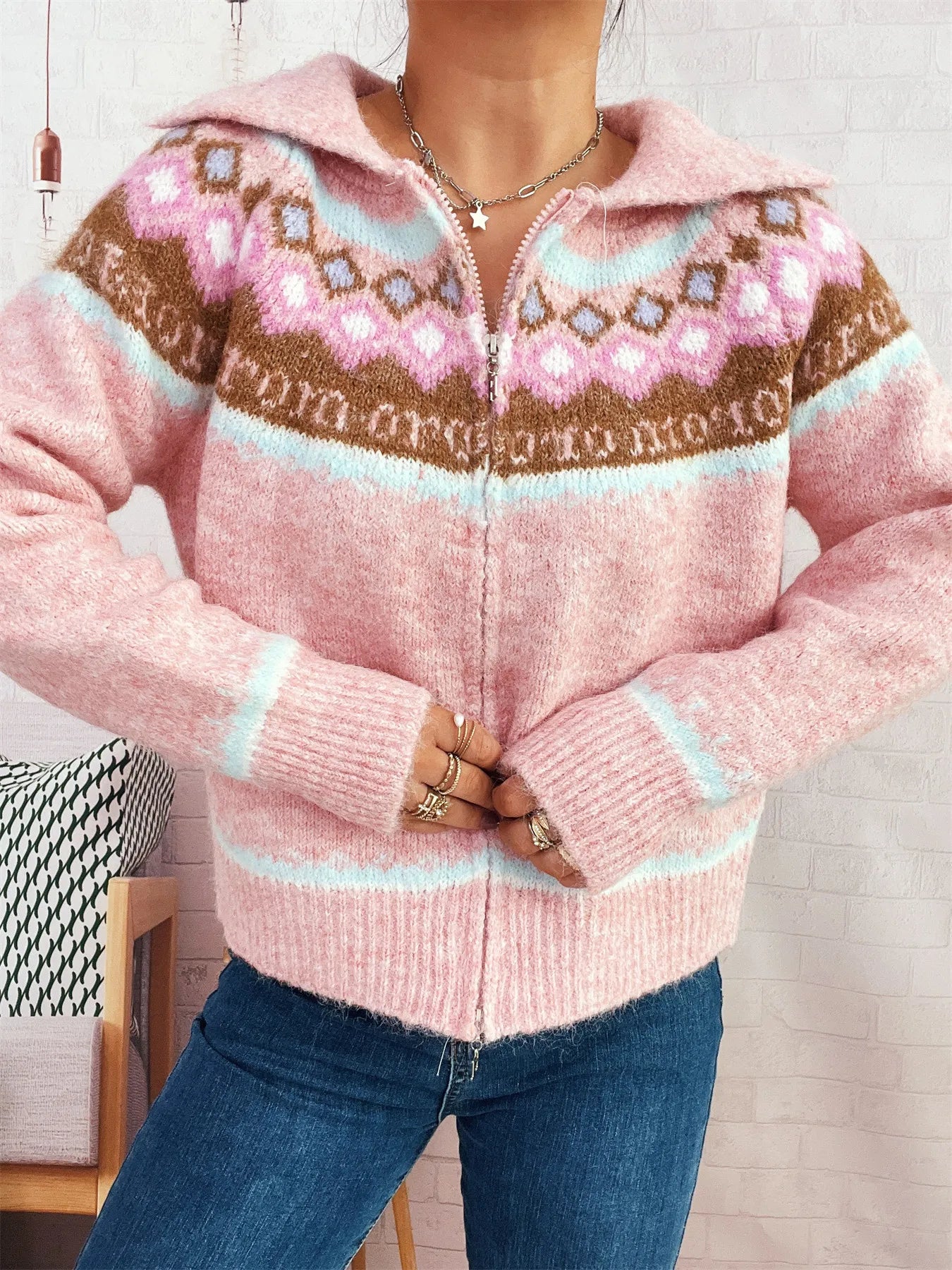 Pink zip-up cardigan with Fair Isle yoke and stripe bands, hooded collar