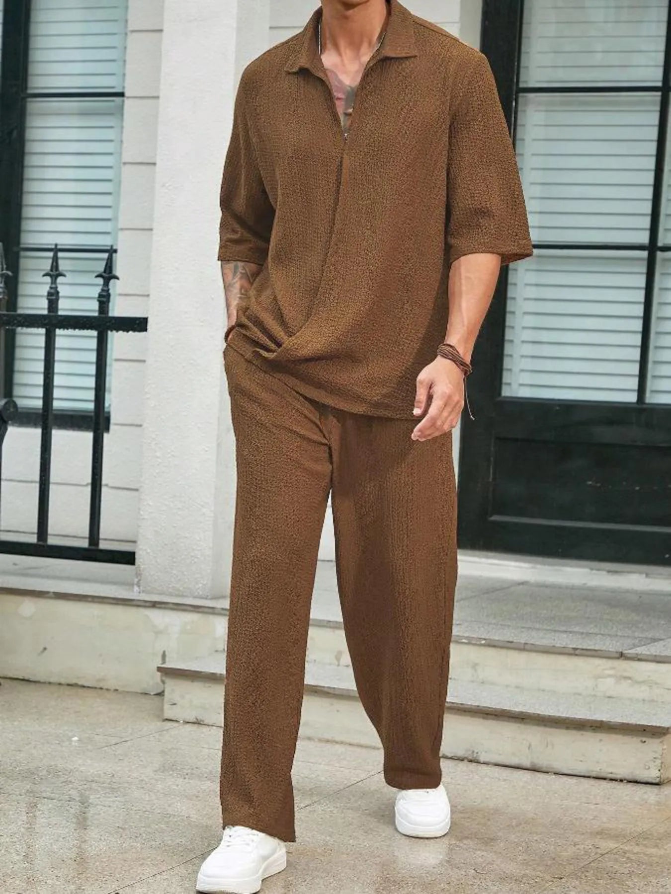 Men's plus size half-sleeve top and pants set, brown; polo-style front