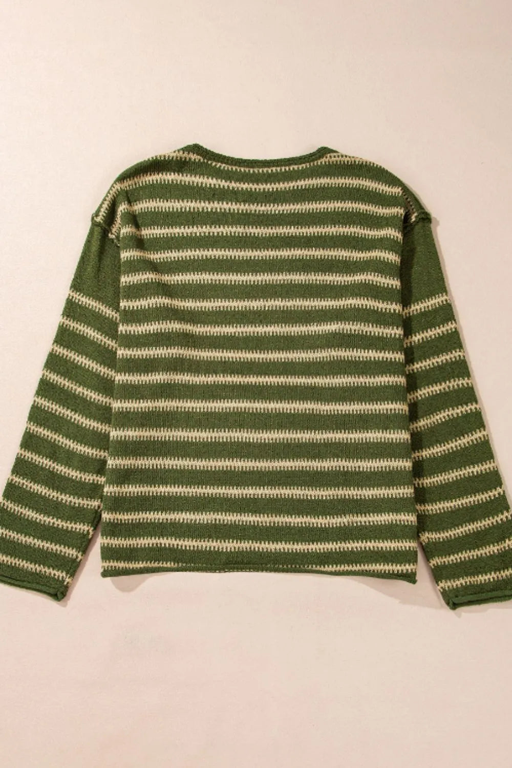 Moss green striped sweater with cream knit stripes, crew round neck, long sleeves