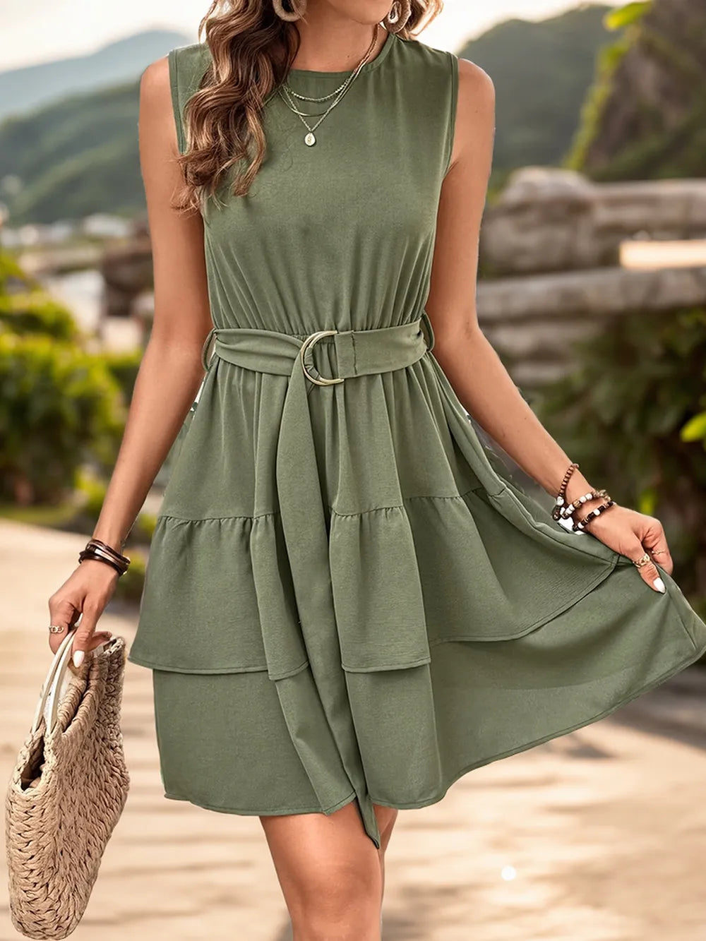 Perfee layered round-neck sleeveless mini dress in olive green with belted waist and tiered ruffle skirt