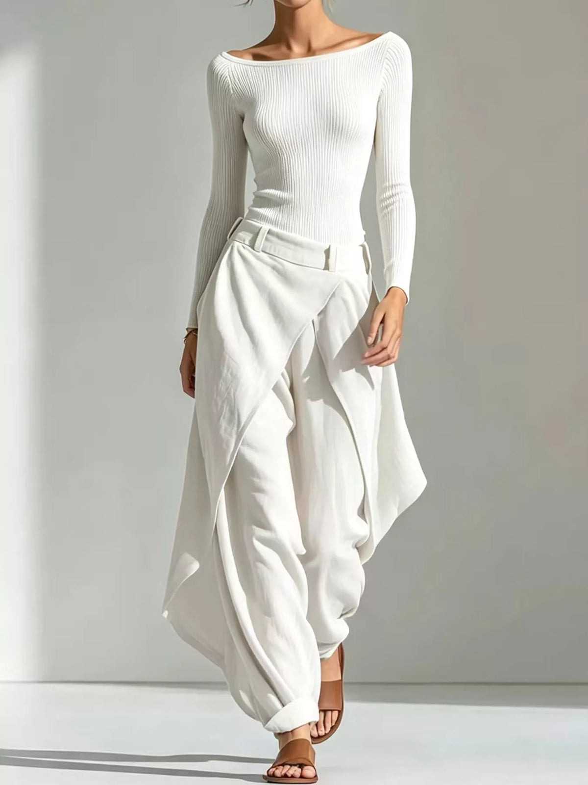 White ribbed boat-neck long-sleeve top with draped wrap-style pants set