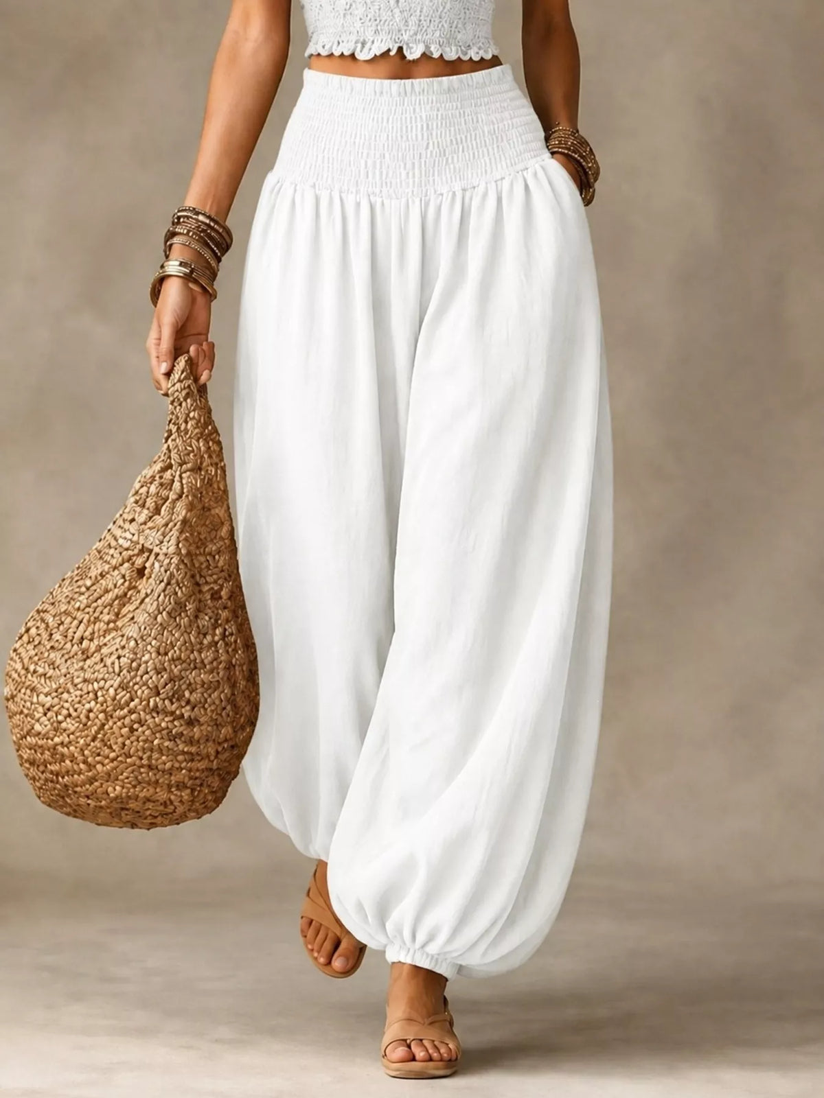 Elastic waist smocked harem pants, white, relaxed wide-leg drape