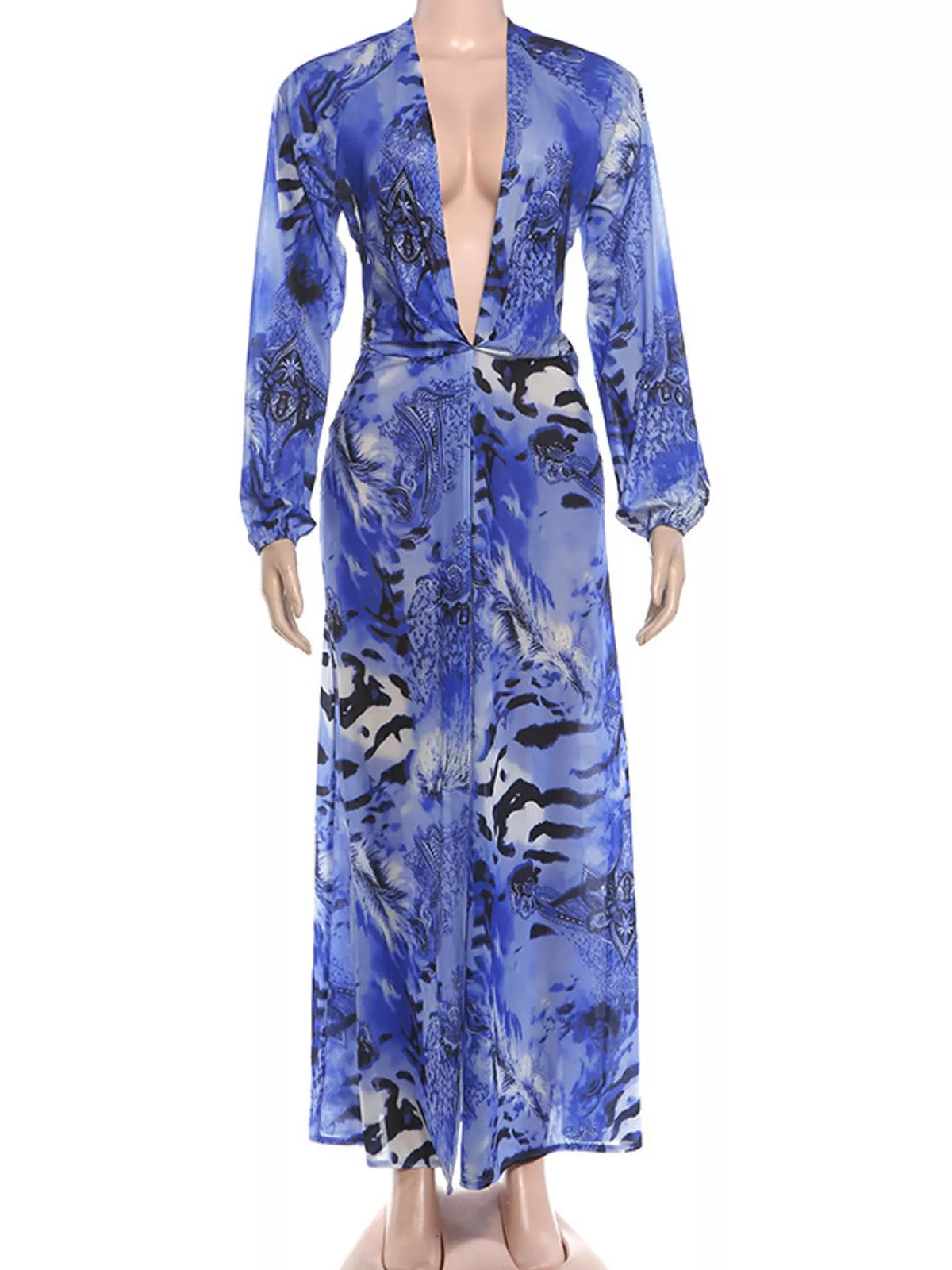 Blue printed maxi dress with deep V-neck and long puff sleeves