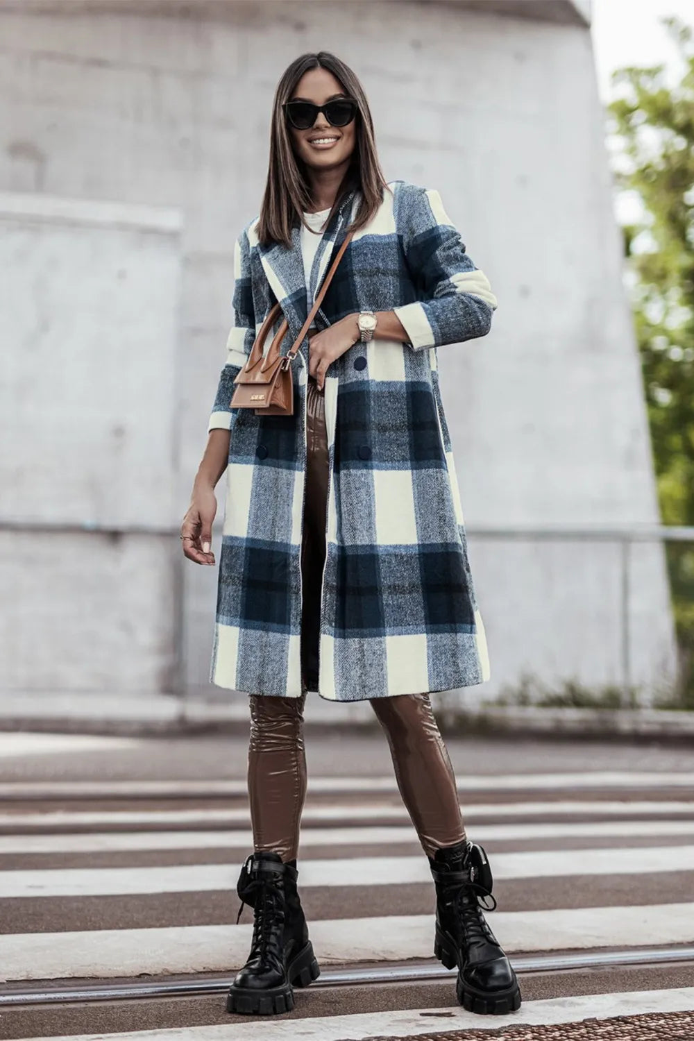 Plaid button-up coat with lapel collar in blue, cream, and dark checks