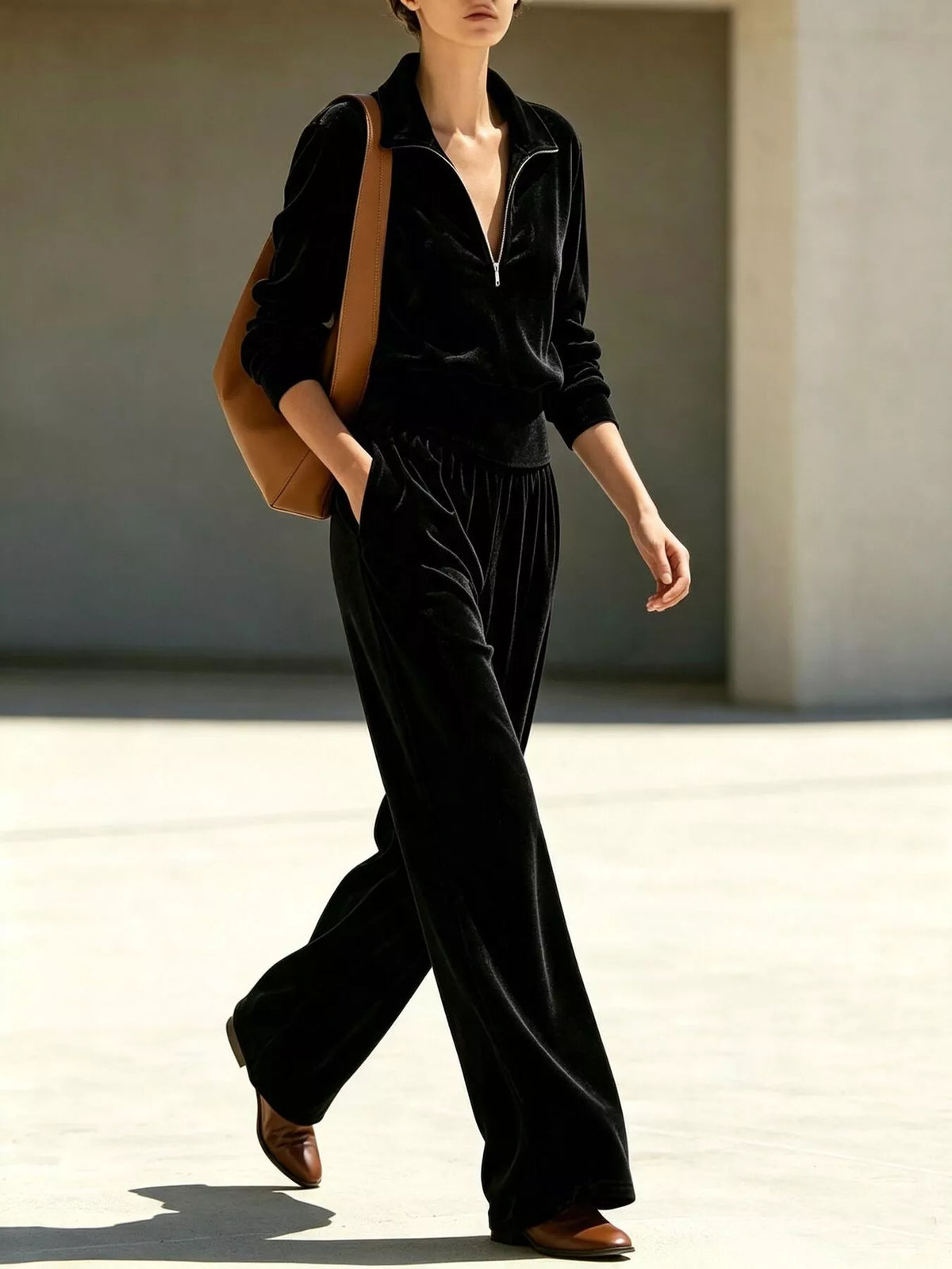 Black half-zip sweatshirt and wide-leg pants set, front view