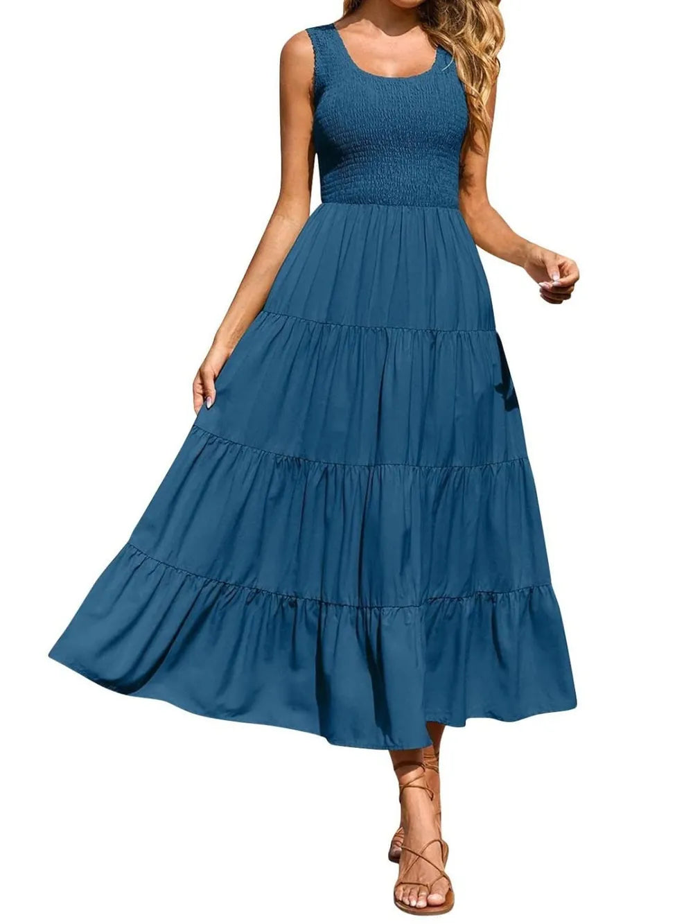 Dusty blue tiered smocked wide-strap dress with pleated tiered skirt