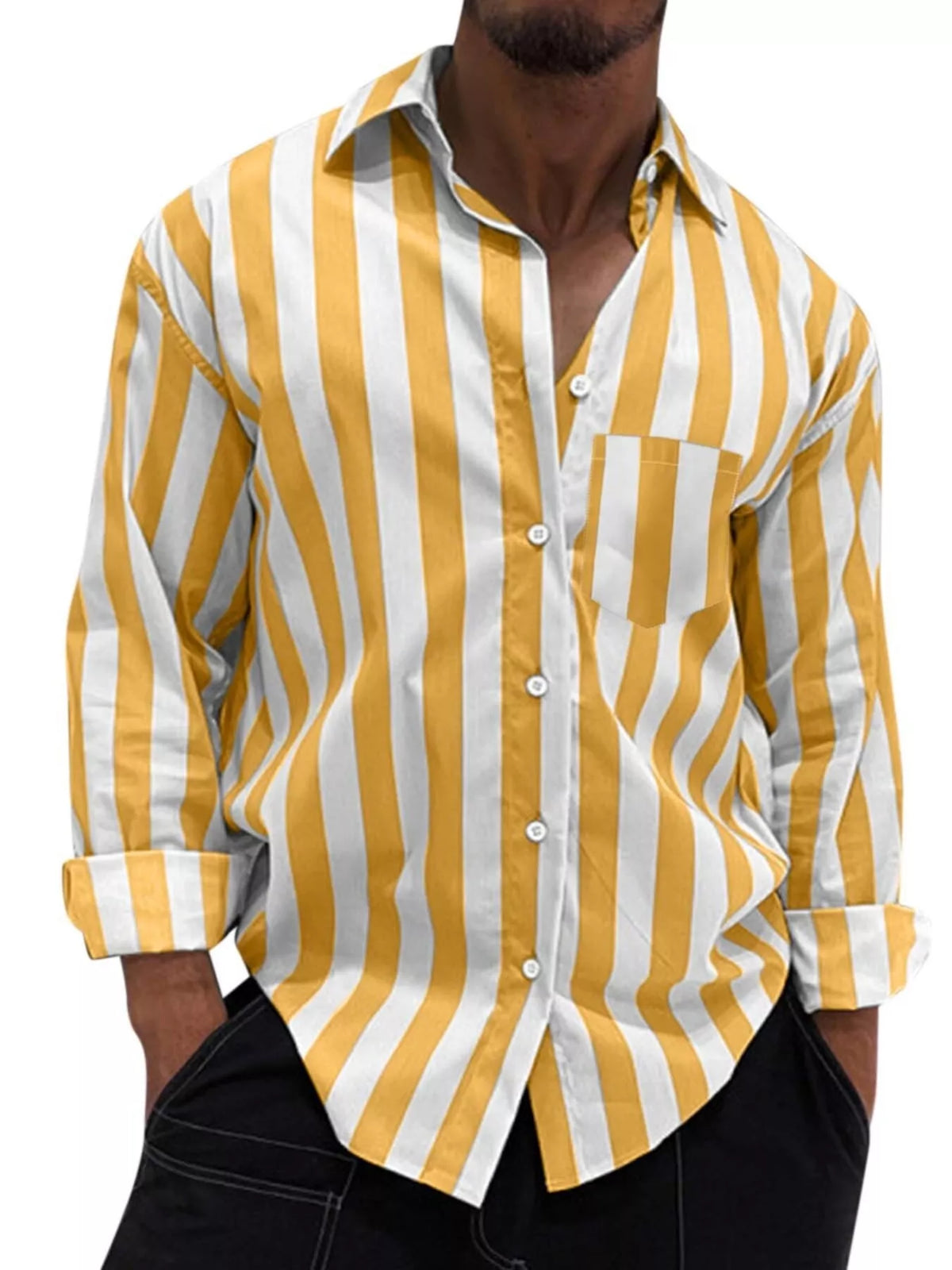 Men's button-up long sleeve shirt with gold and white vertical stripes