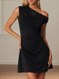 Black one-shoulder ruched bodycon mini dress with asymmetrical neckline and gathered waist
