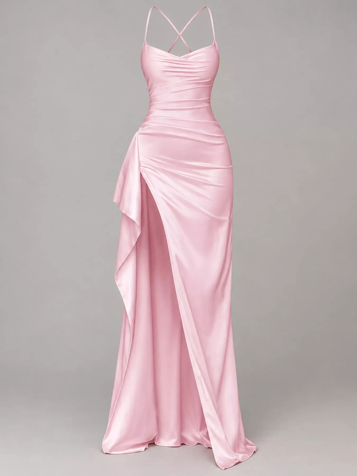Pink satin ruched maxi dress with high side slit and thin spaghetti straps